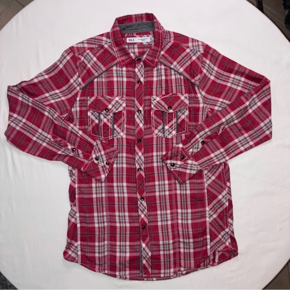 Vintage Buckle BKE Shirt Men's Medium Red/Gray Plaid Western Snap Rodeo